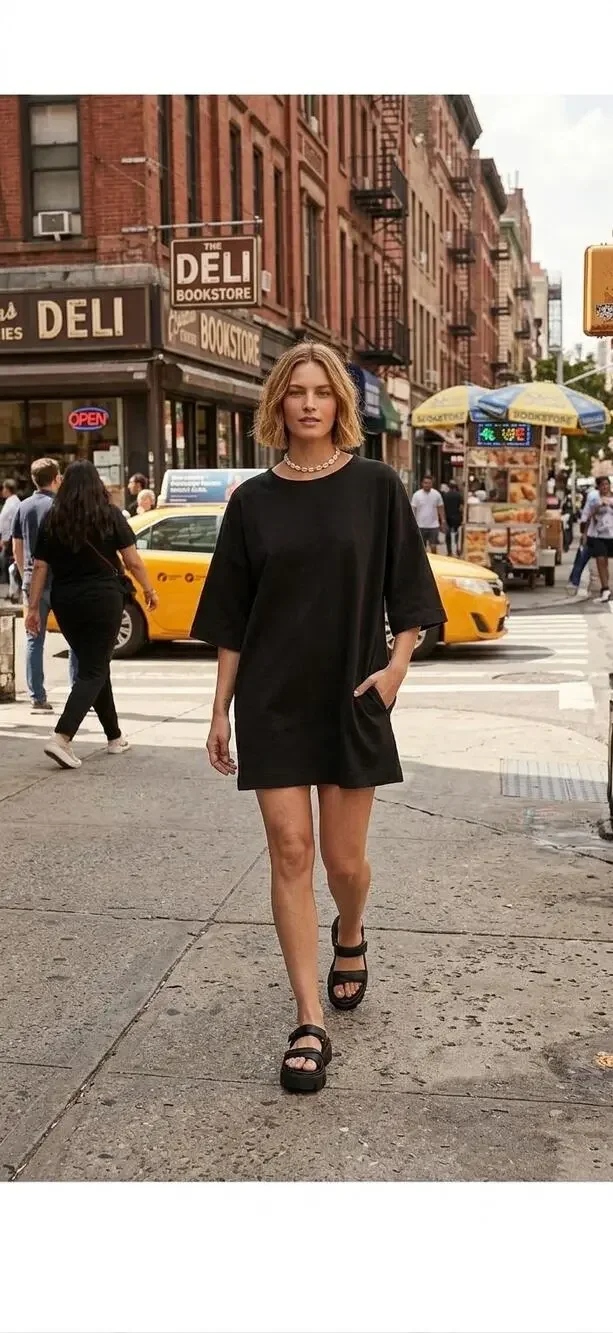 Free People FP Beach Essential Extreme Tee Mini Dress L Black Oversized Pockets